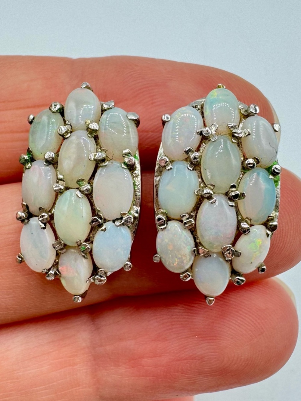 Big Opal Cluster Stud Earrings Prong Set Silver Posts Tested Iridescent READ